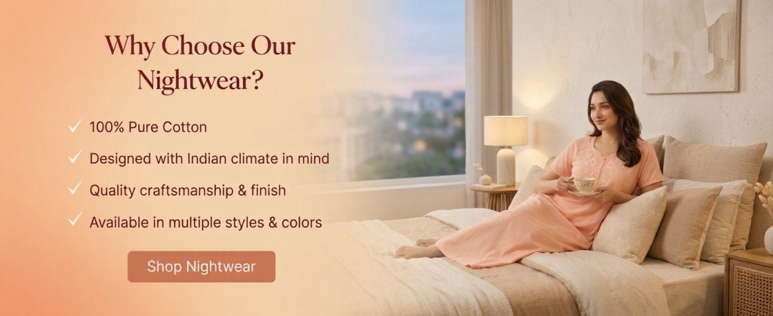Woman relaxing peacefully on bed wearing soft cotton nightwear holding tea