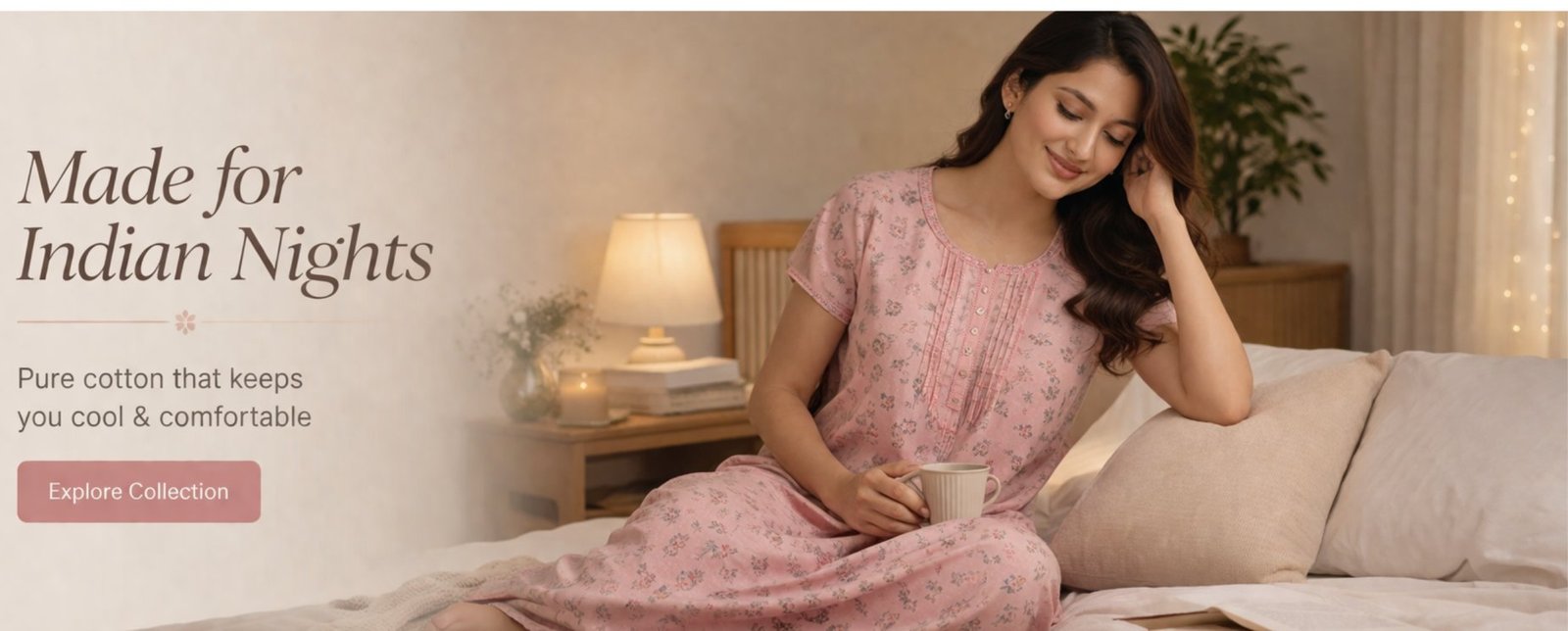 Woman relaxing on bed wearing breathable cotton nightdress in cozy bedroom