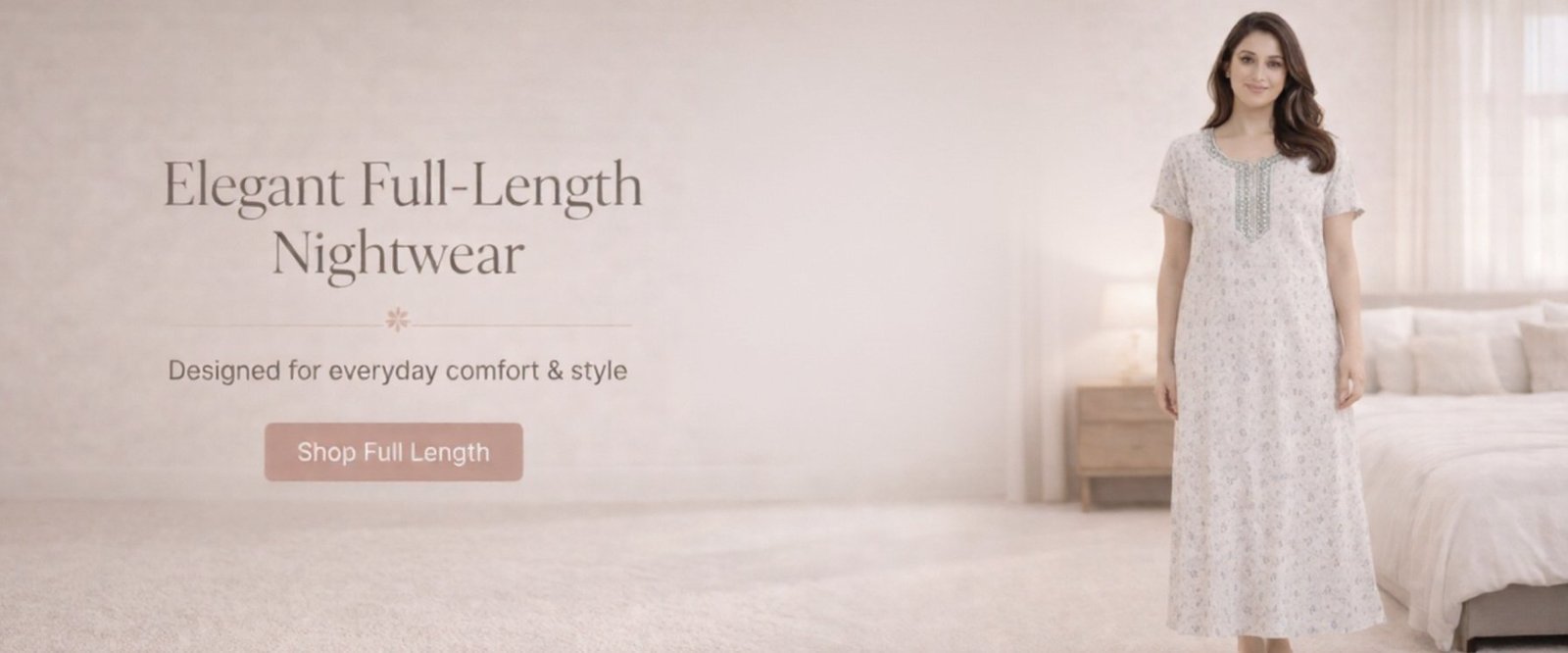 Indian woman wearing soft pastel full length cotton nightwear in cozy bedroom