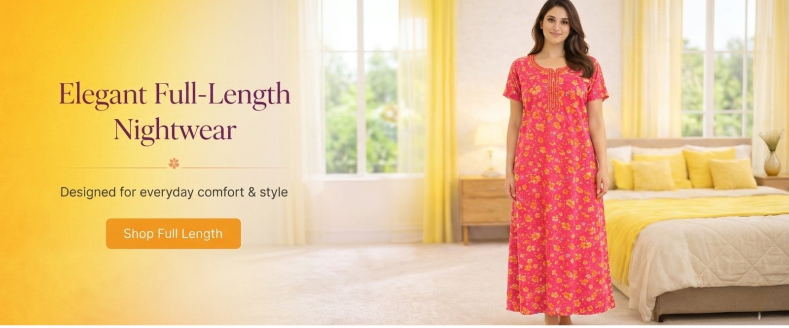 Indian woman wearing soft pastel full length cotton nightwear in cozy bedroom.